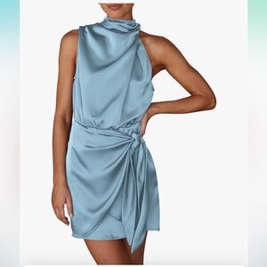 PrettyGarden Satin Mock Neck Mini Dress - Blue